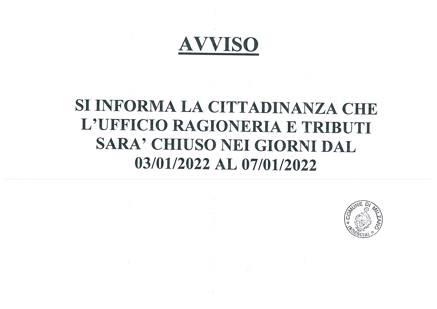 Avviso chiusura ufficio ragioneria e tributi 