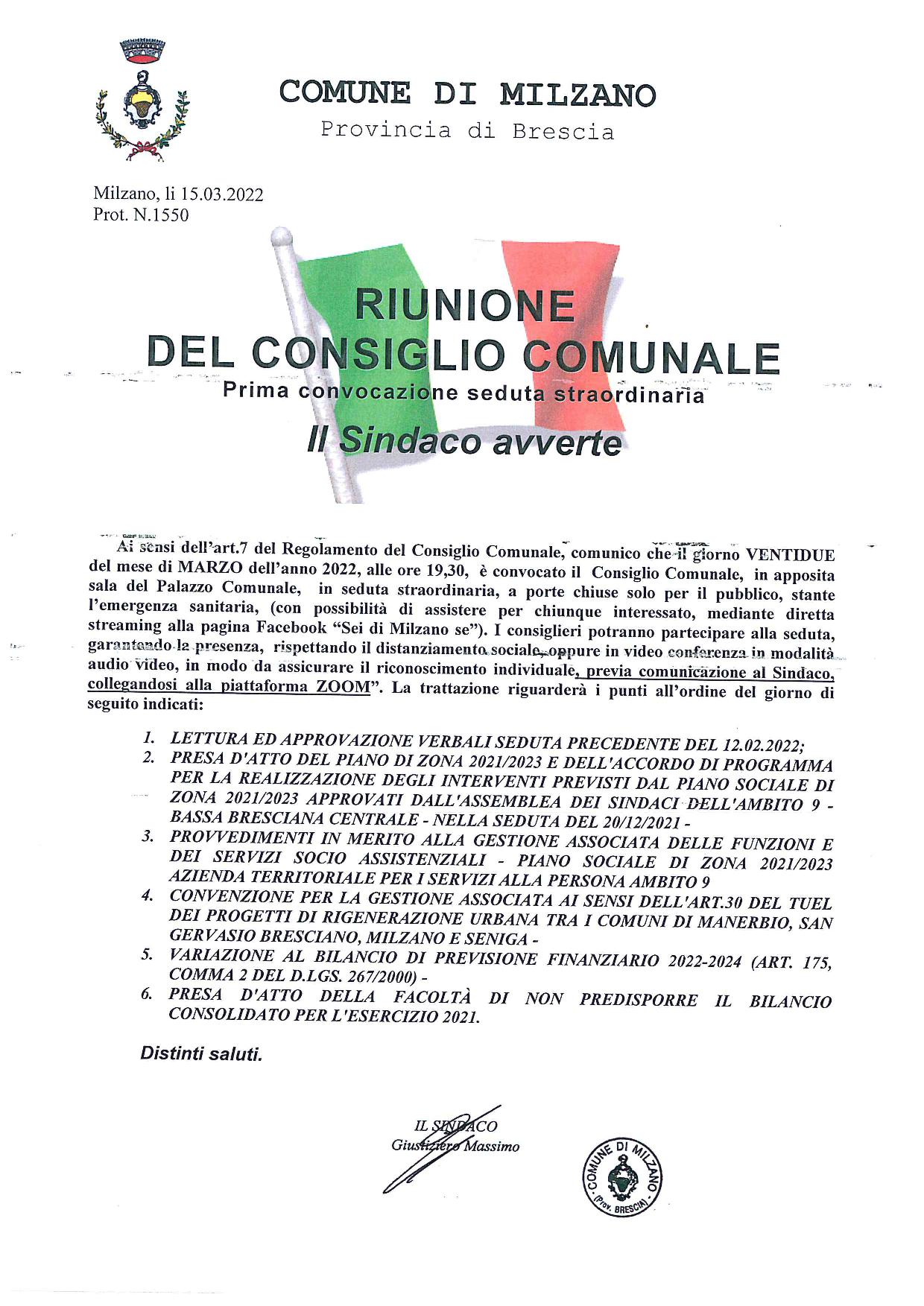 Convocazione consiglio comunale del 22.03.2022