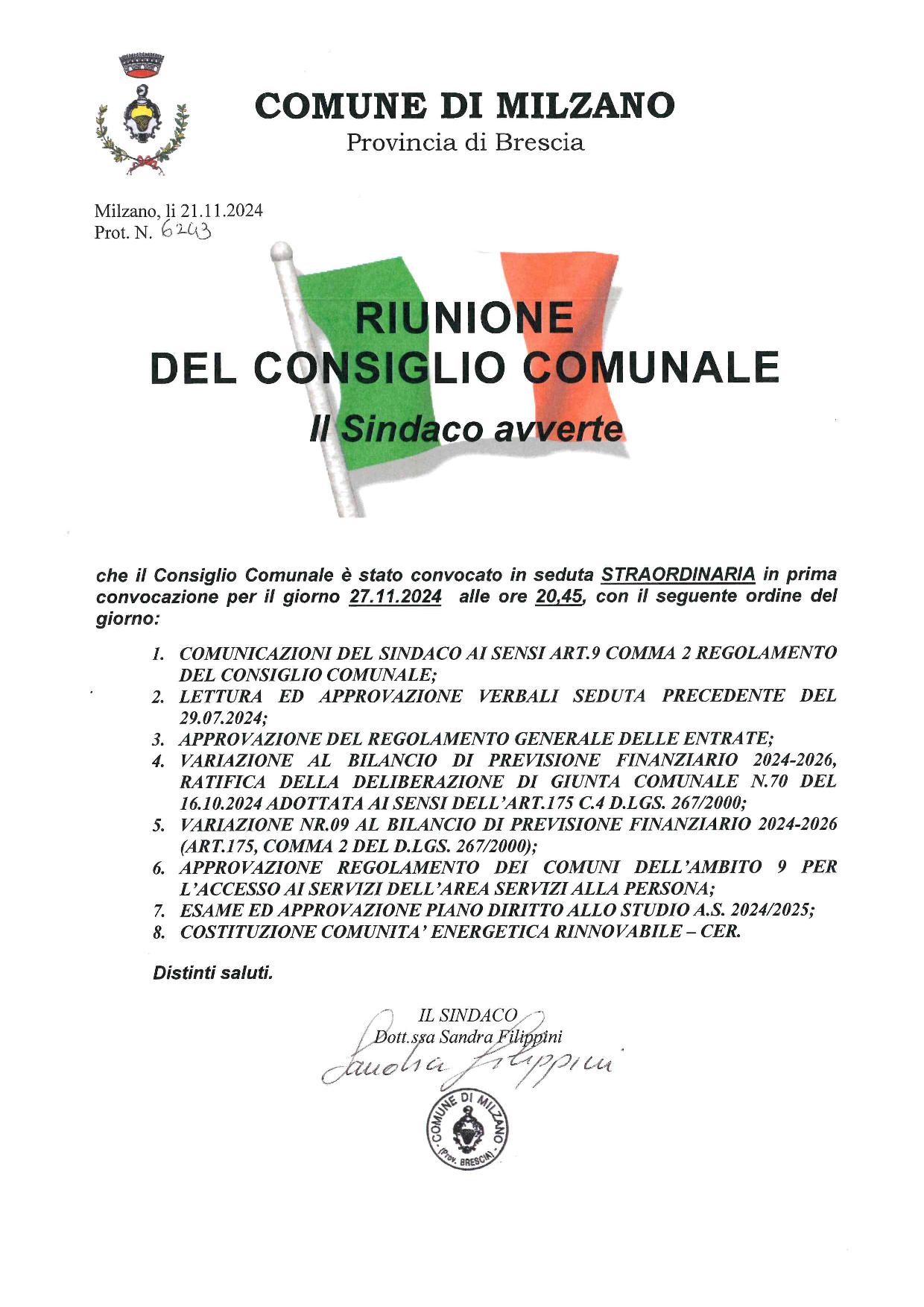 Convocazione Consiglio Comunale per il giorno 27.11.2024 alle ore 20.45 - 