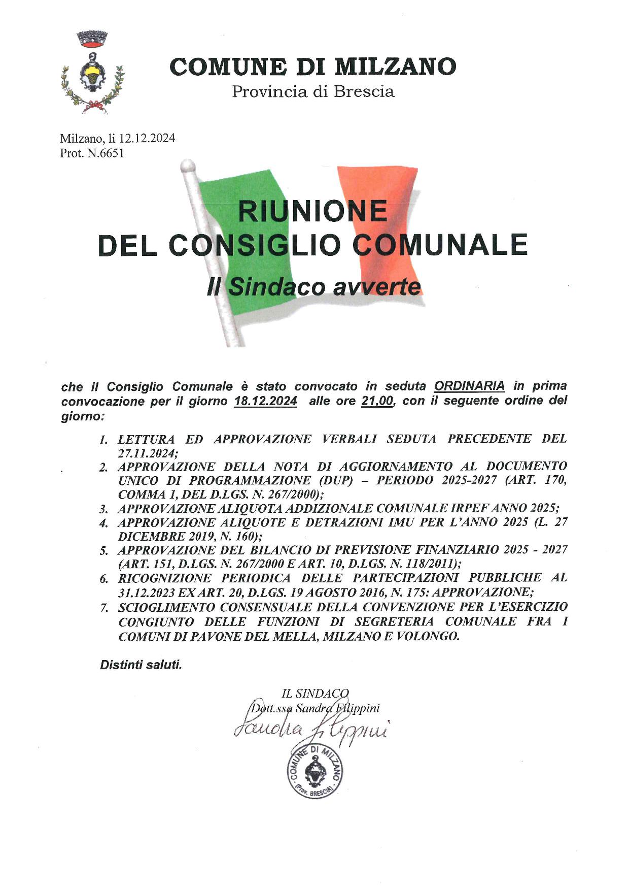 Convocazione Consiglio Comunale del 18.12.2024 ore 21.00