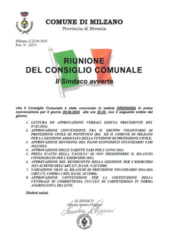 CONVOCAZIONE CONSIGLIO COMUNALE PER IL GIORNO 29.04.2024