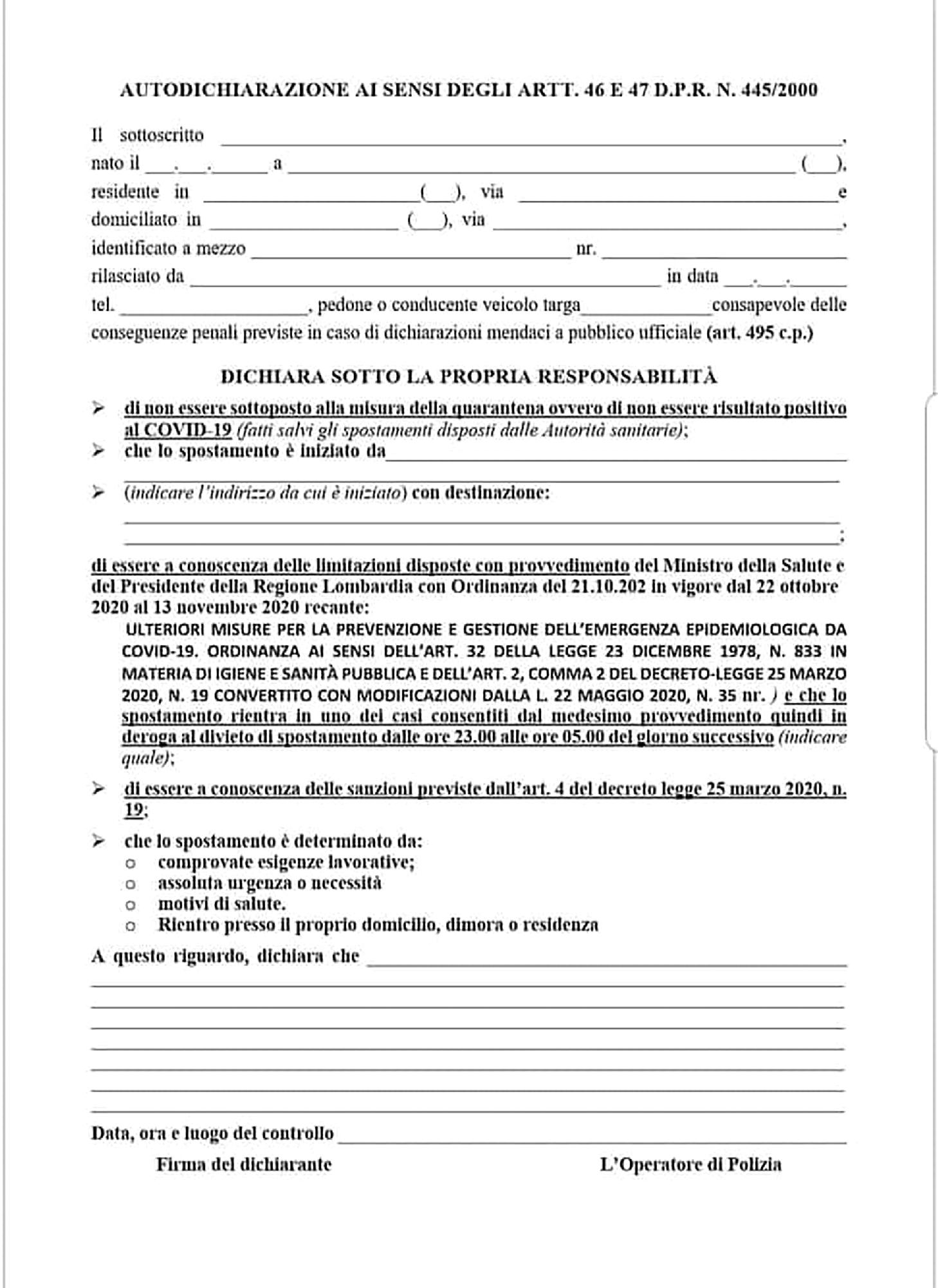 Modello autocertificazione covid-19 regione lombardia dal 22.10.2020 al 13.11.2020