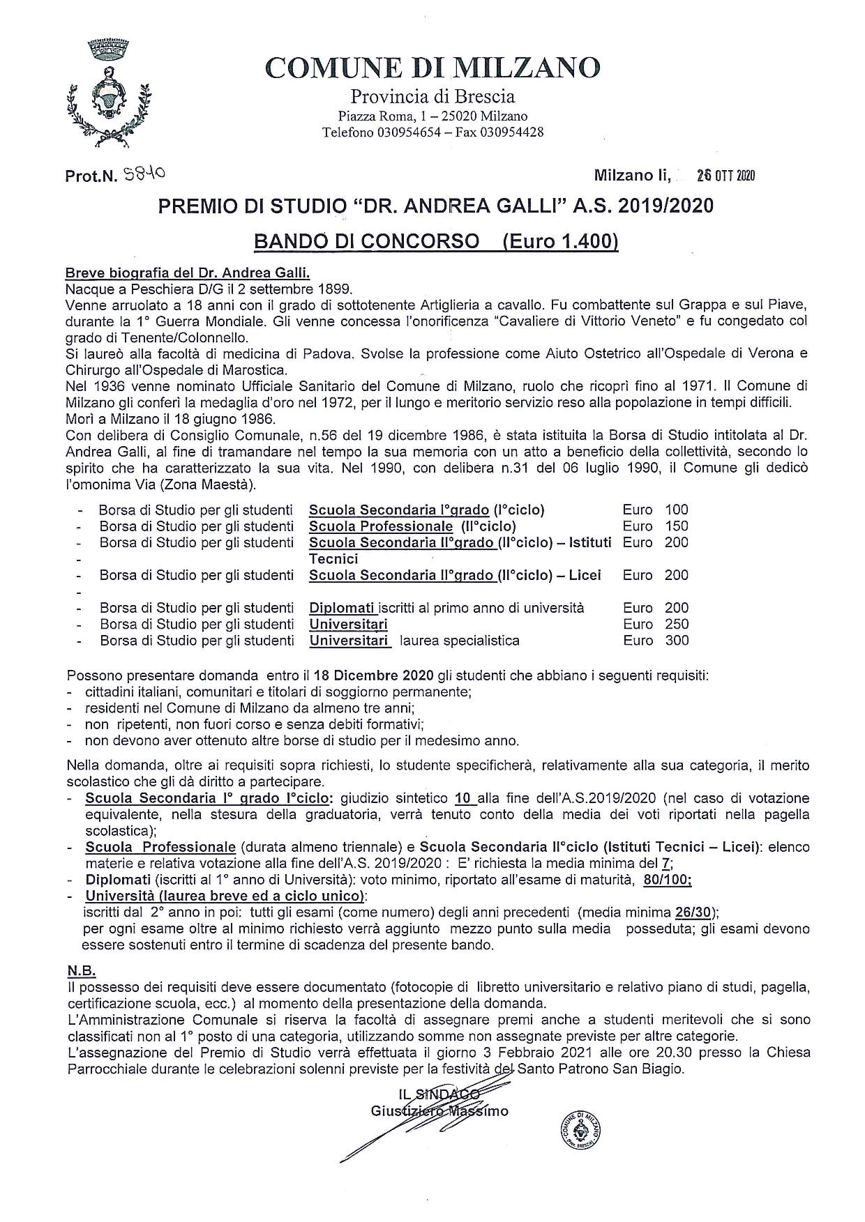 Premio di studio "dr.andrea galli" a.s. 2019/2020