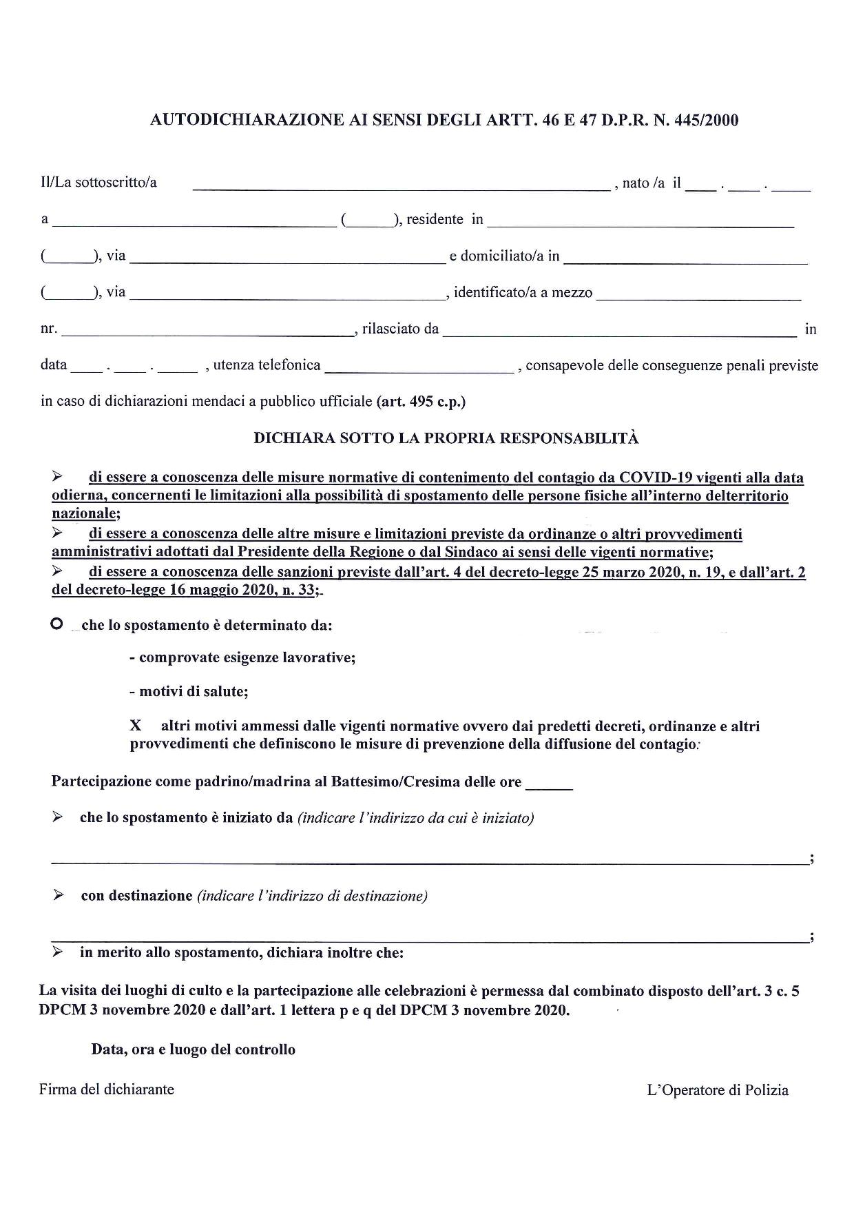 #emergenza coronavirus# aggiornamento modello autocertificazione - partecipazione cerimonie religiose -
