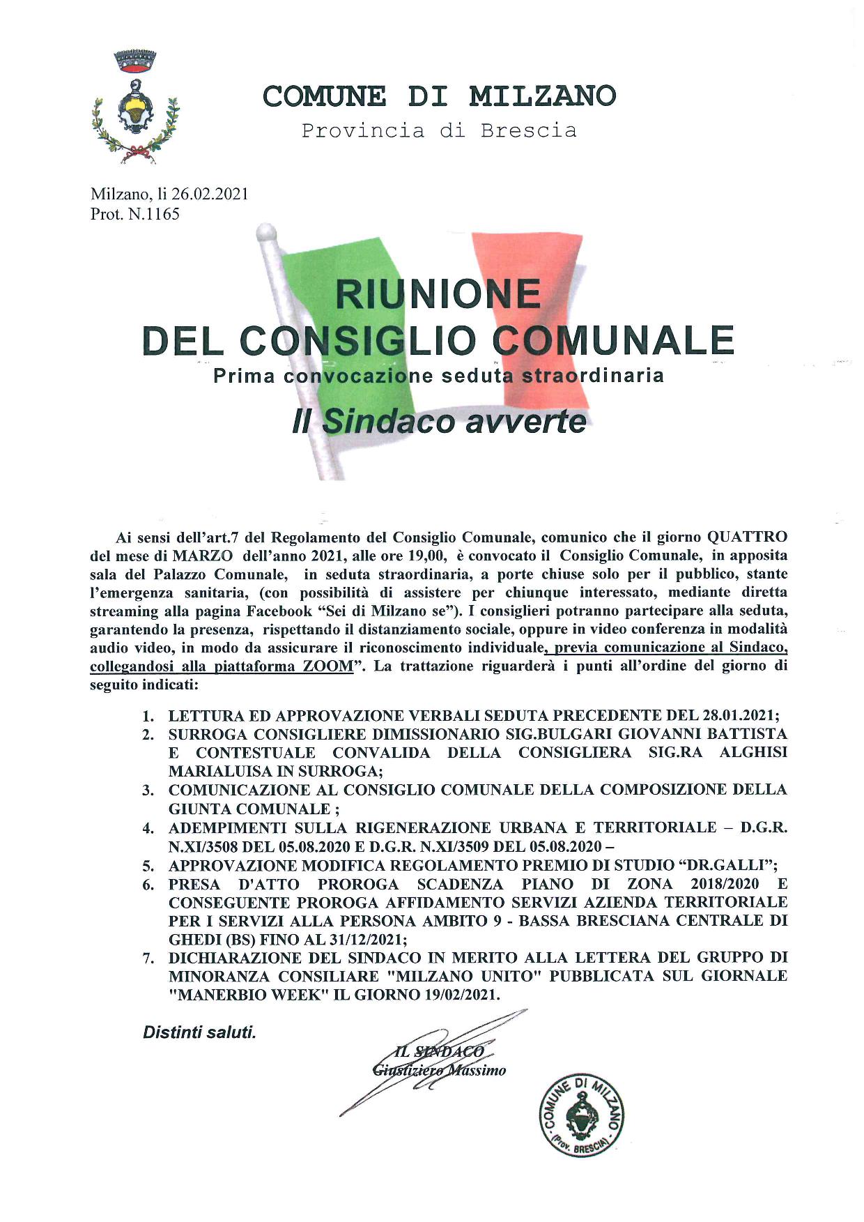Convocazione consiglio comunale del 04.03.2021 - 