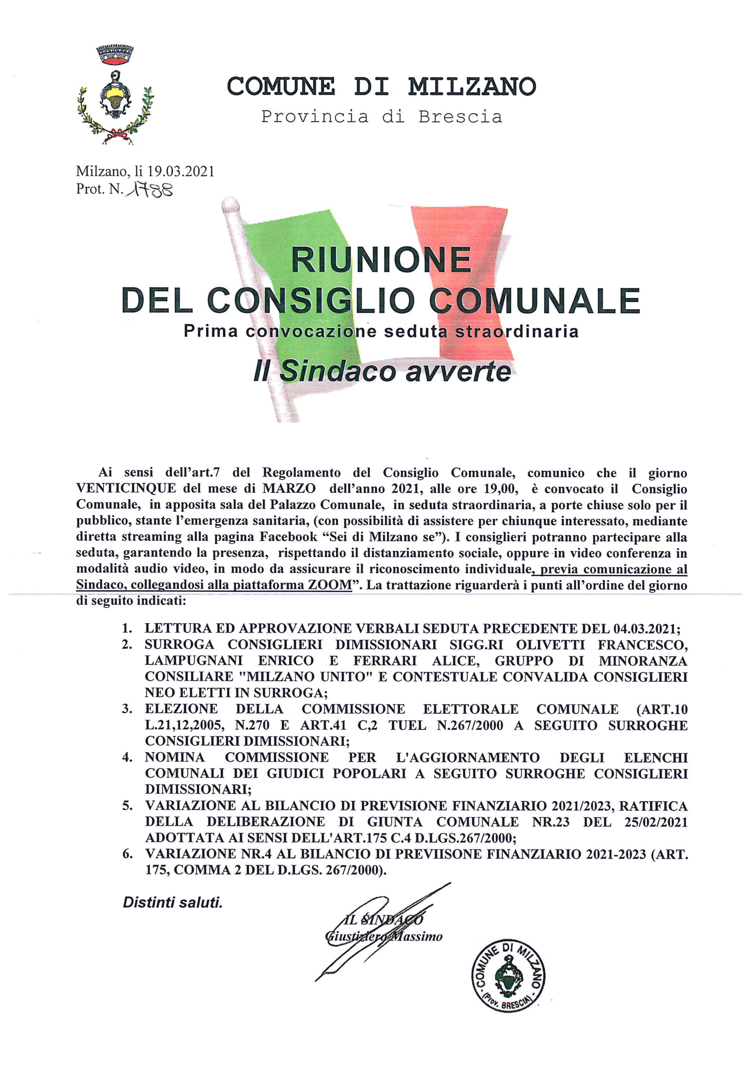 Convocazione consiglio comunale del 25.03.2021 - 