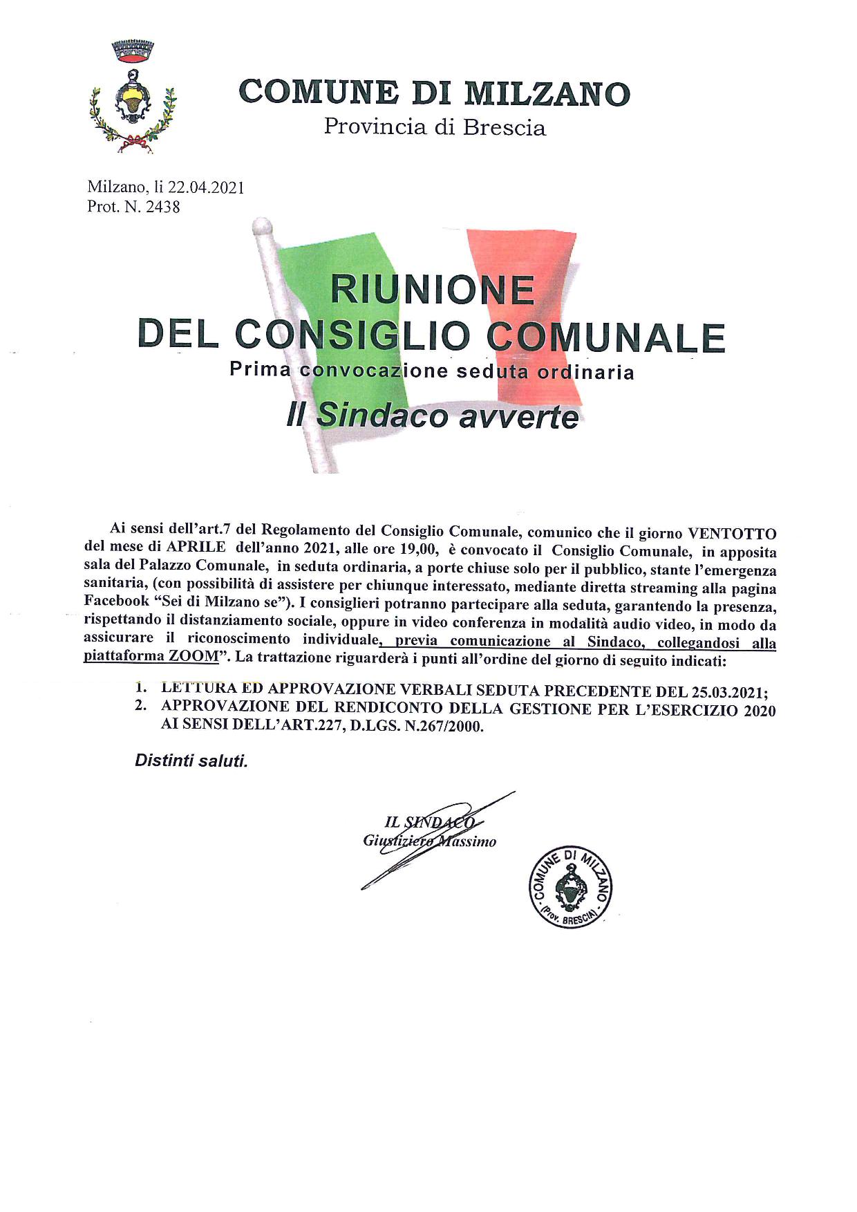 Convocazione consiglio comunale del 28.04.2021 